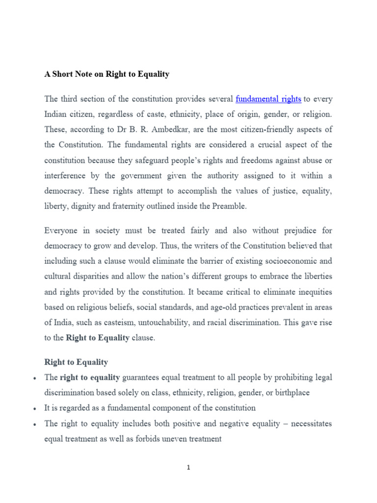 A Short Note on Right to Equality PDF Social Equality Equal