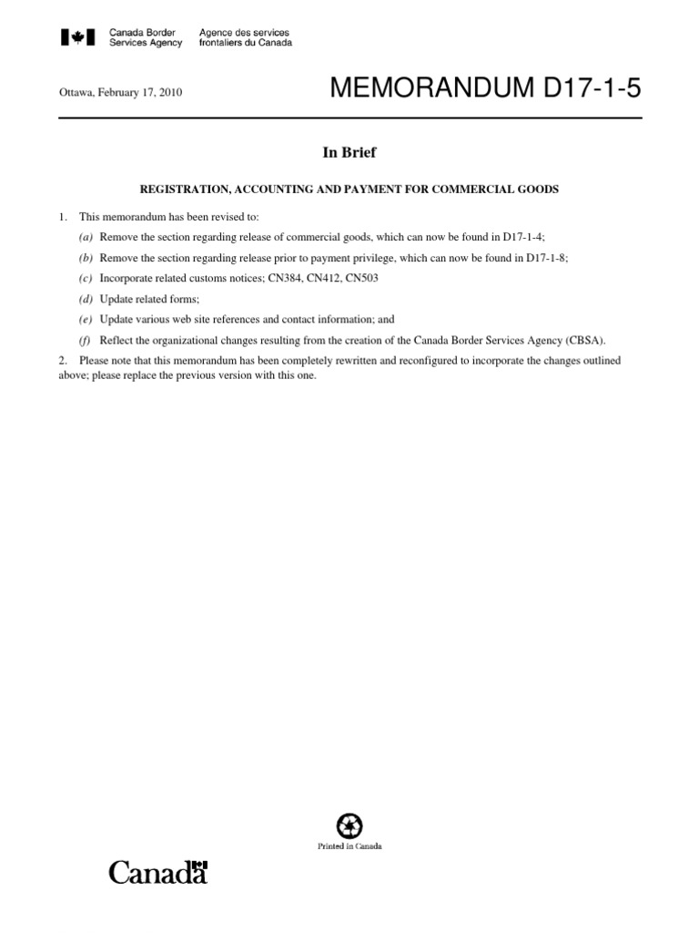 CBSA Guidelines for Commercial Goods | PDF | Cheque | Payments