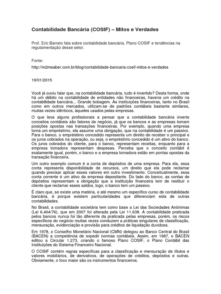 Contabilidade Bancária (COSIF) | PDF | Contabilidade | Empréstimos