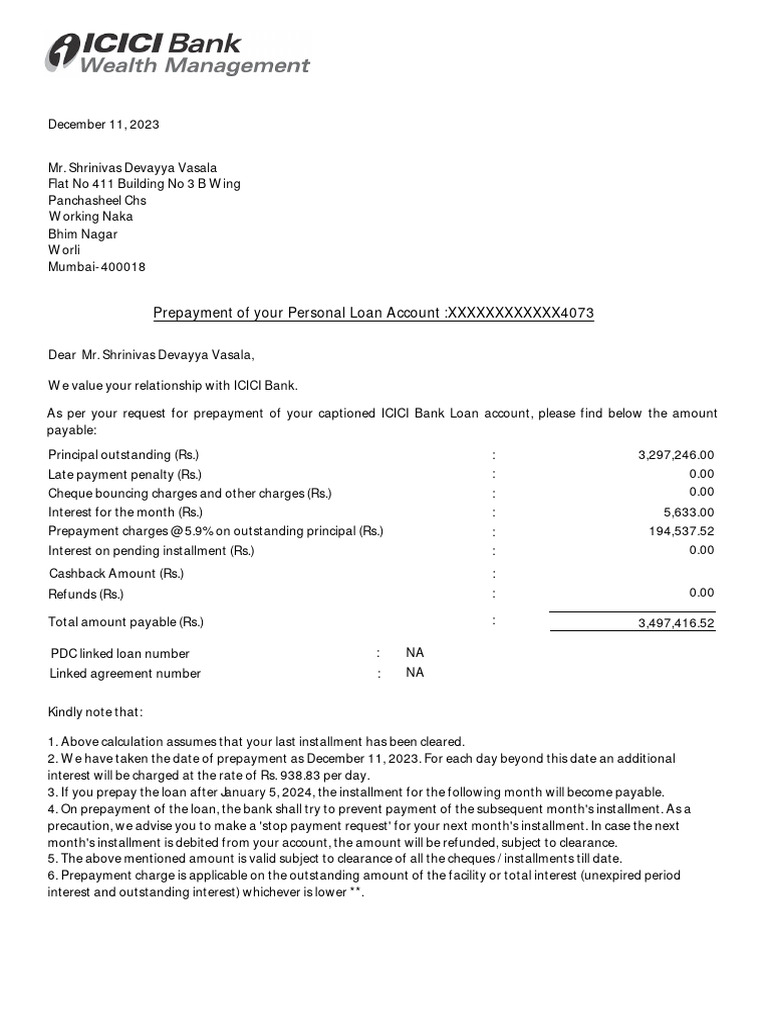 Personal Loan Prepayment Notice | PDF | Interest | Cheque