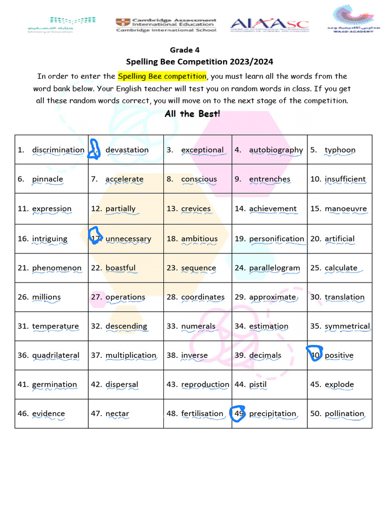 Grade+4 +Spelling+Bee+Competition+2023 2024 | PDF