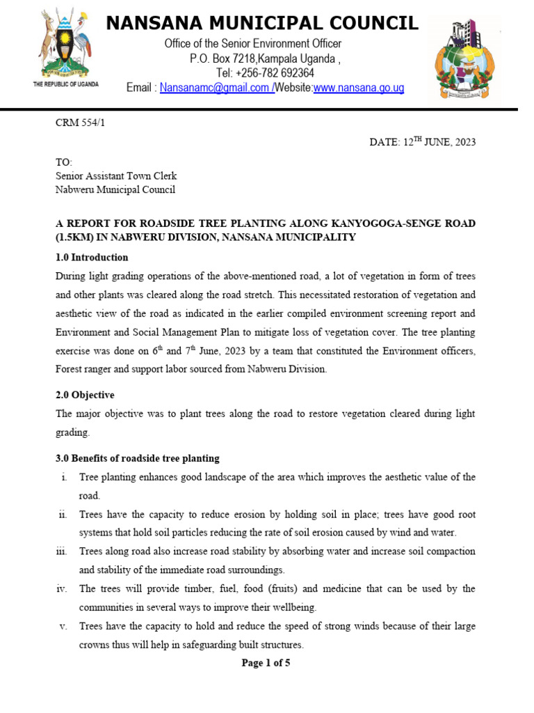 Roadside Tree Planting Report: Kanyogoga-Senge | PDF | Trees | Road