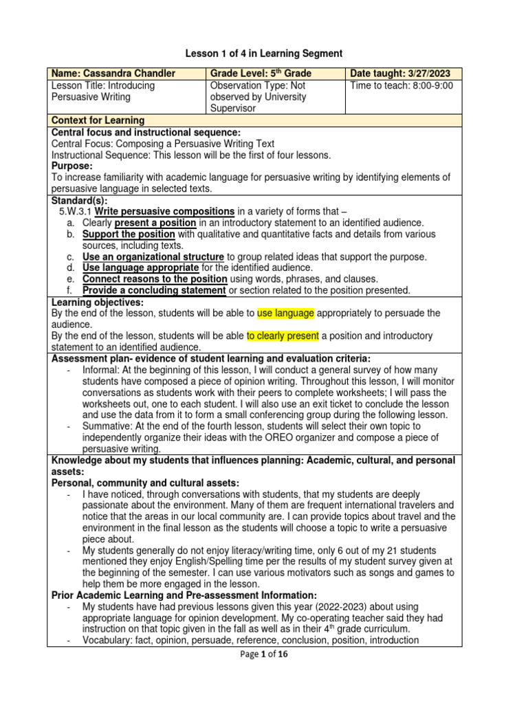 5th Grade Persuasive Writing Lesson Plan | PDF | Language Arts & Discipline