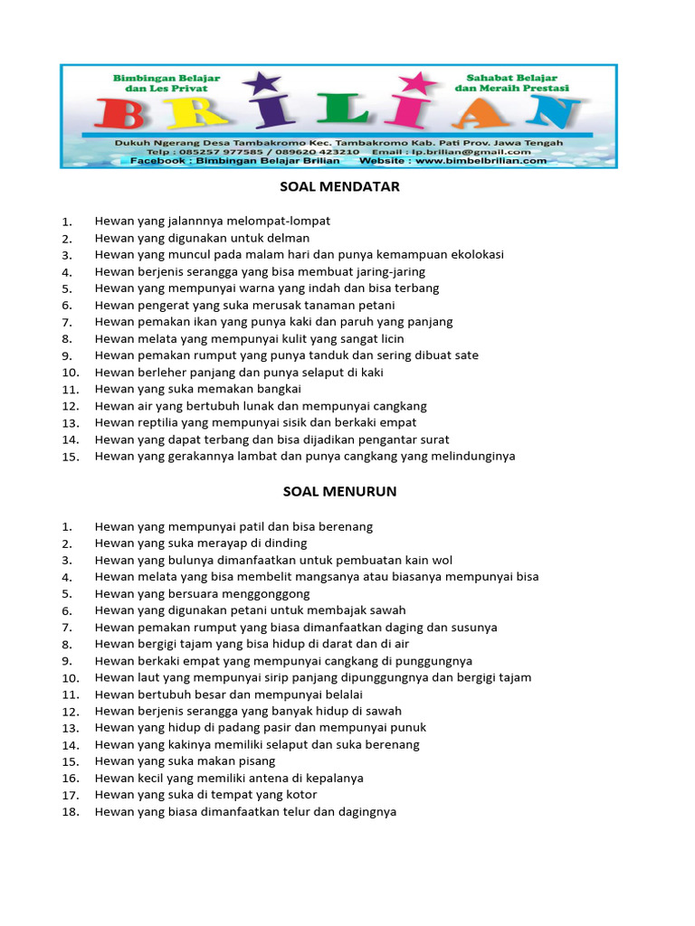 Soal Teka Teki Silang Nama Nama Hewan Pdf