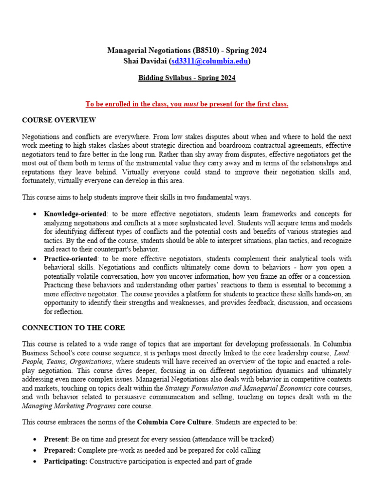 Managerial Negotiations Course Overview | PDF | Negotiation | Cognition