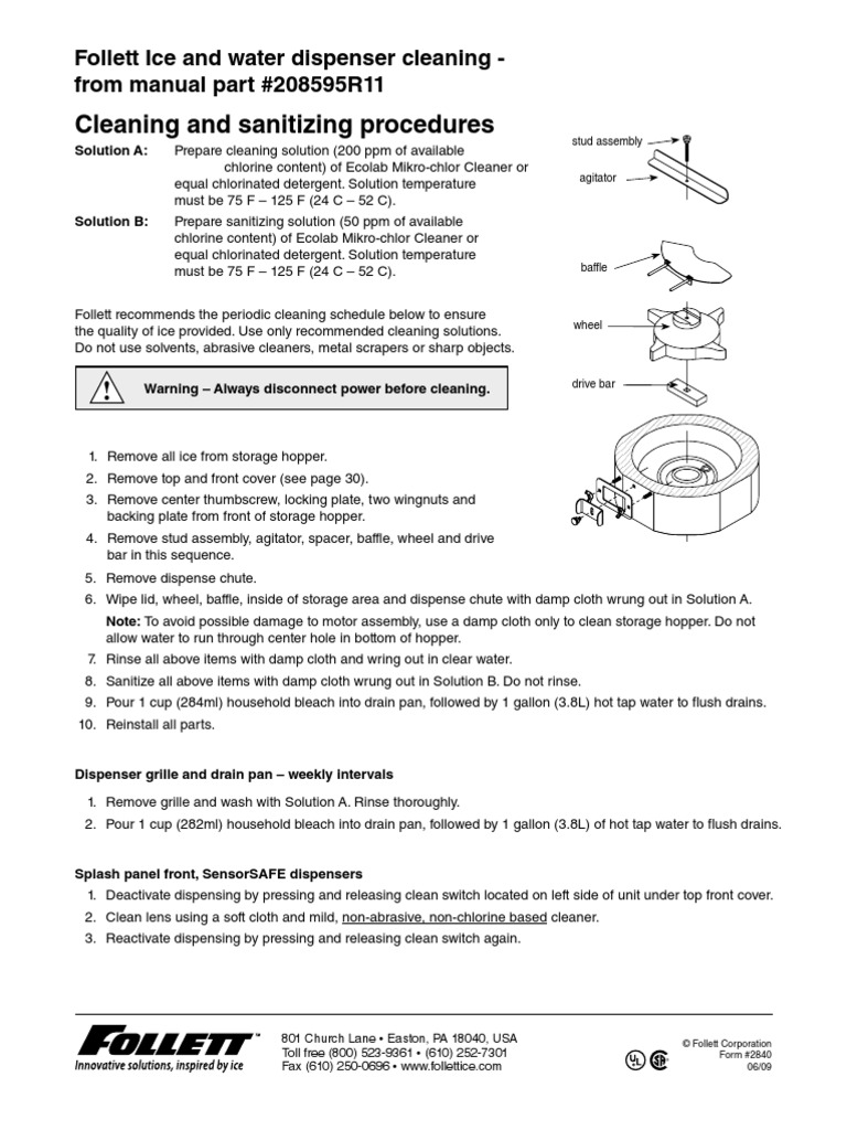 Cleaning and Sanitizing Procedures Follett Ice and Water Dispenser