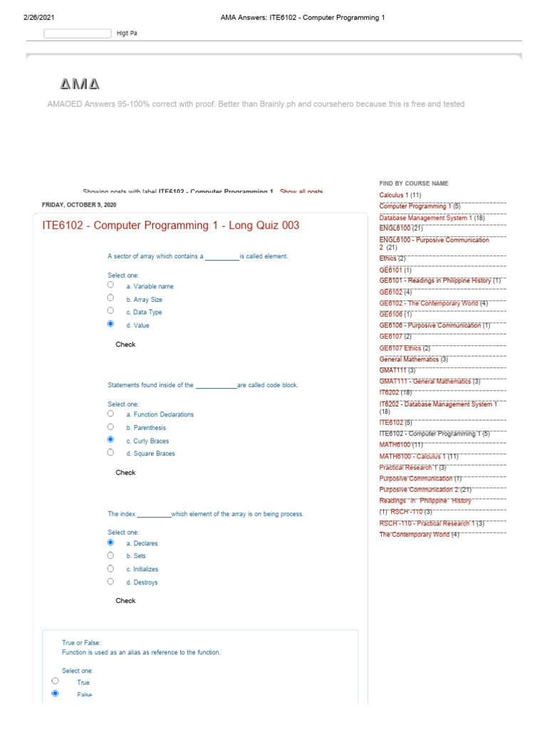 Ama Answers Ite6102 Computer Programming 1 PDF Bracket C++