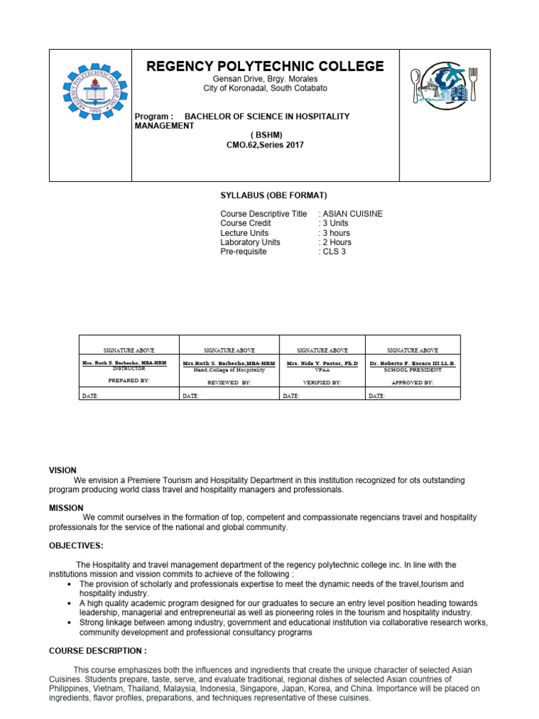 Syllabus (Asian Cuisine) PDF Indian Cuisine Chinese Cuisine