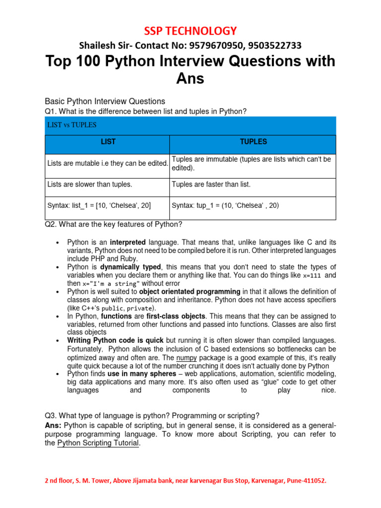 Top 100 python interview questions with ans pdf python programming