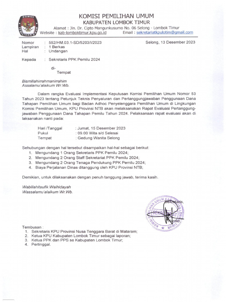Undangan Rapat Evaluasi Dana Tahapan Pemilu 20240001 | PDF