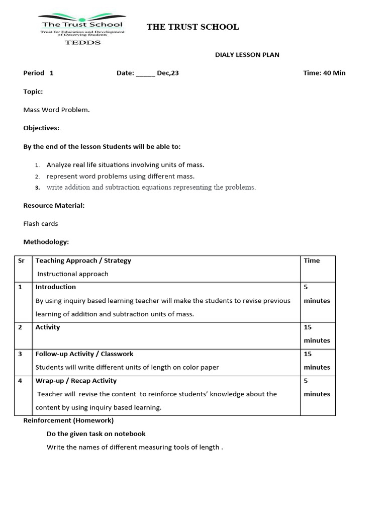 Math4 Planner 28,29, Mass | PDF | Inquiry Based Learning | Teachers