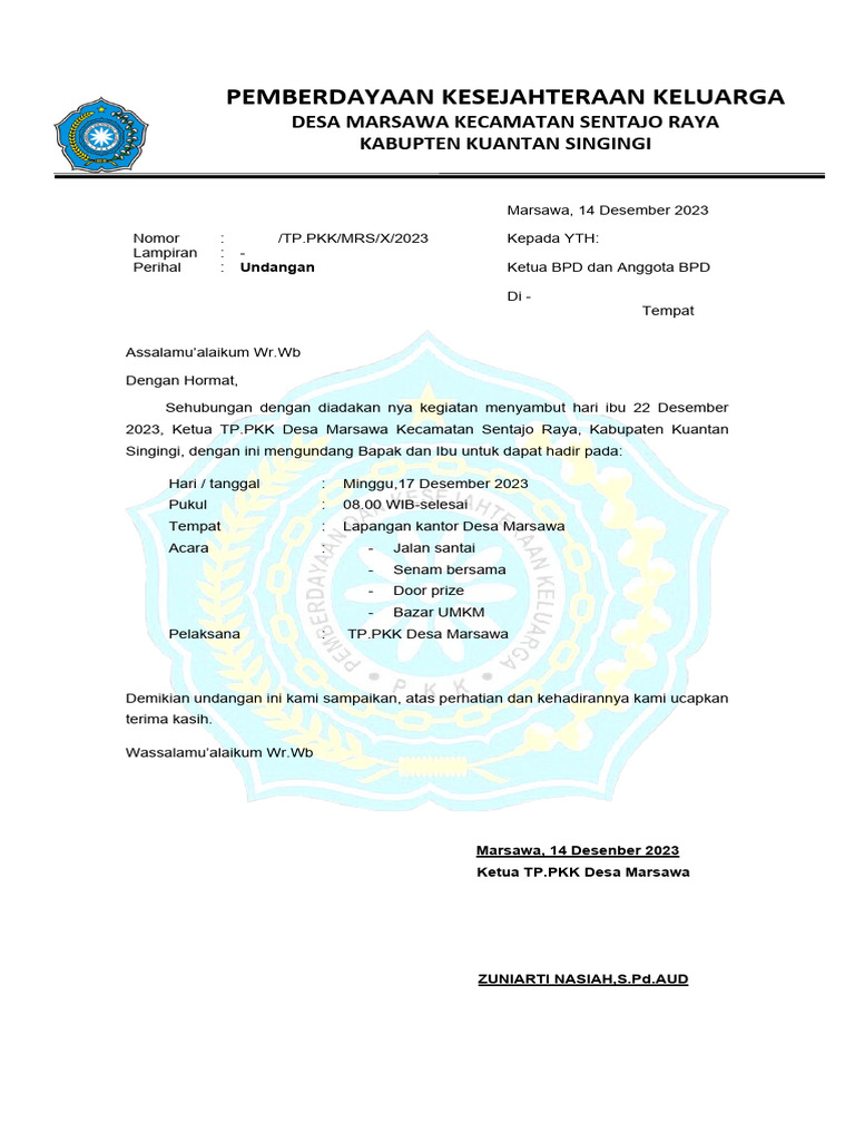 Undangan Kegiatan Hari Ibu Desa Marsawa | PDF