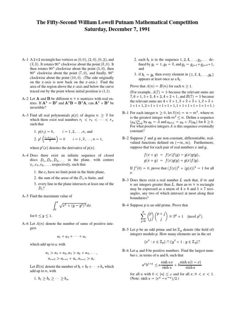 The FiftySecond William Lowell Putnam Mathematical Competition Saturday, December 7, 1991 PDF