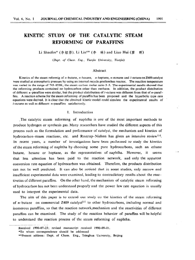 Kinetic Study of The Catalytic Steam Reforming of Paraffins | PDF