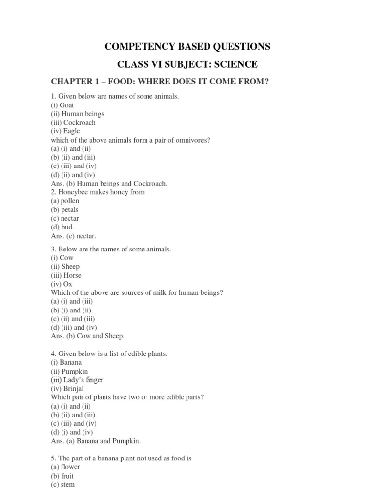 Class Vi CBQ Science PDF Leaf Foods