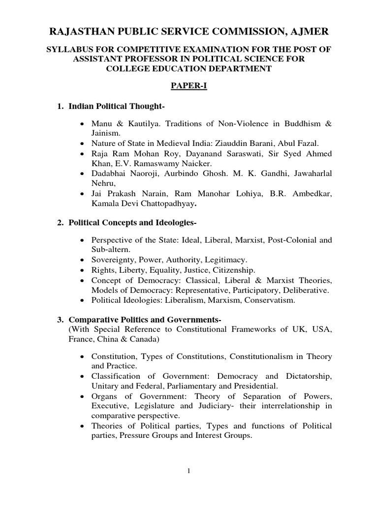 RPSC Assistant Professor Political Science Syllabus | PDF | Separation ...