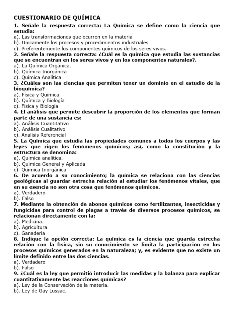 Cuestionario de Quimica Ineval | PDF | Química | Enlace químico