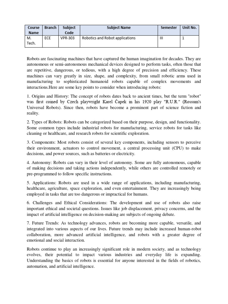 Overview of Robotics Applications | PDF | Robot | Robotics