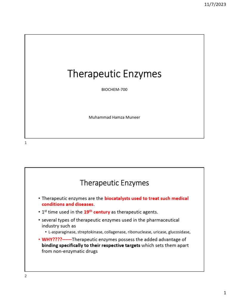 Lecture 3 (Therapeutic Enzymes) PDF Enzyme Clinical Medicine