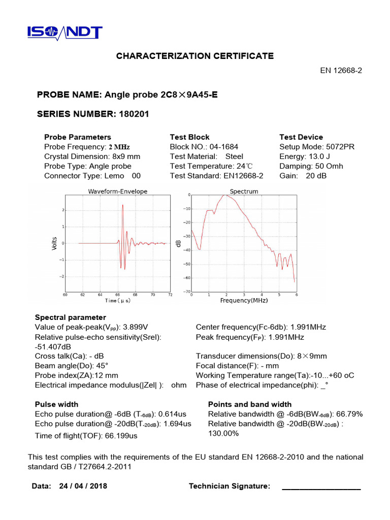 ISO UT Probe Certificate Sample PDF