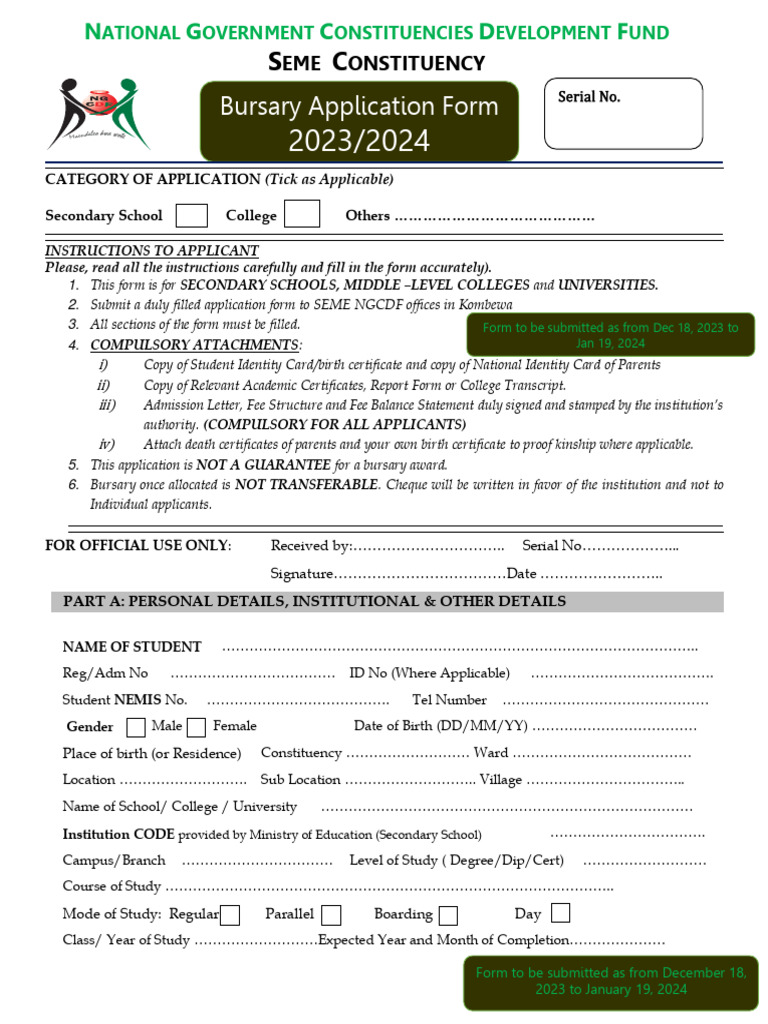 NGCDF Bursary Application Form Seme Constituency 2023 2024 PDF