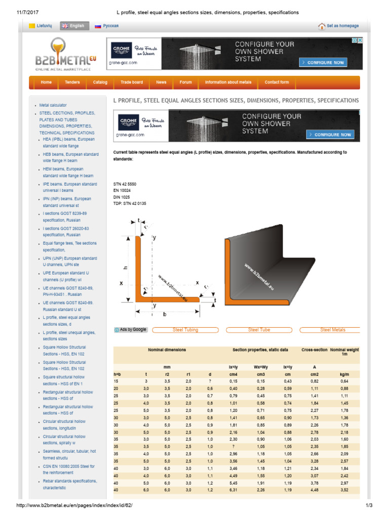 L profile, steel equal angles sections sizes, dimensions, properties