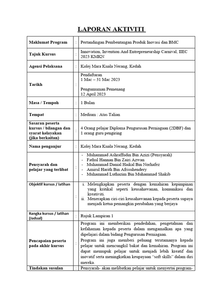 Laporan Program Pertandingan Inovasi IIEC | PDF | Karier & Perkembangan ...