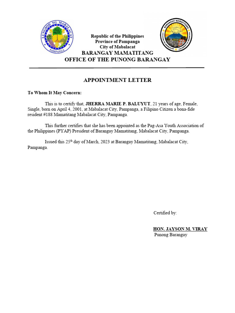 Appointment of PYAP President in Mamatitang | PDF