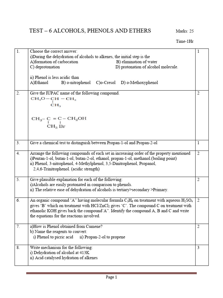 Test Alcohols, Phenols and Ethers 28.8.2023 PDF Chemistry