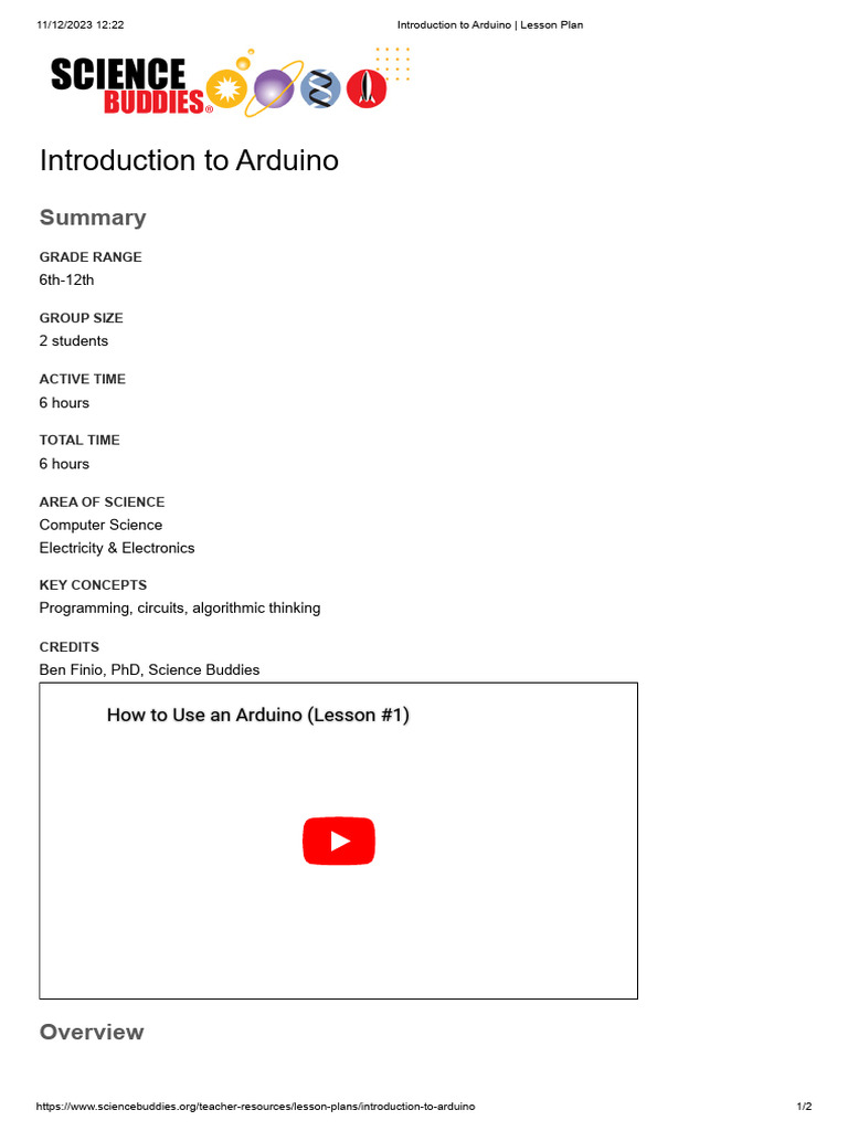 0 IntroductionToArduino LessonPlan | PDF | Arduino | Computing