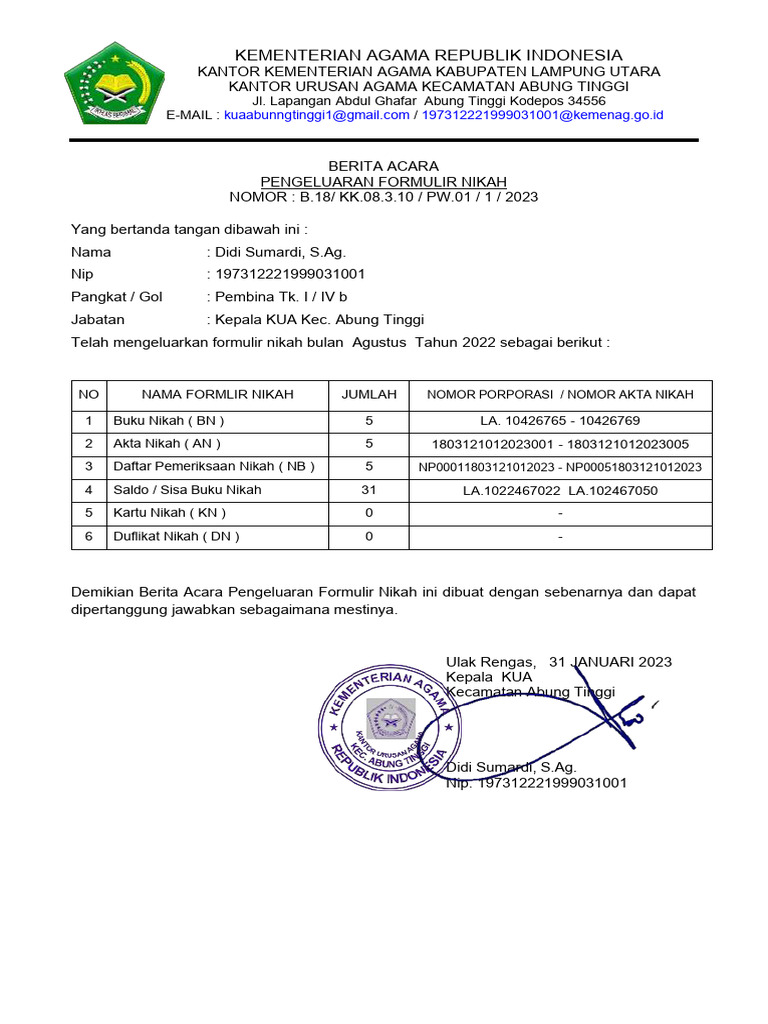 Laporan Formulir Nikah KUA Abung Tinggi | PDF