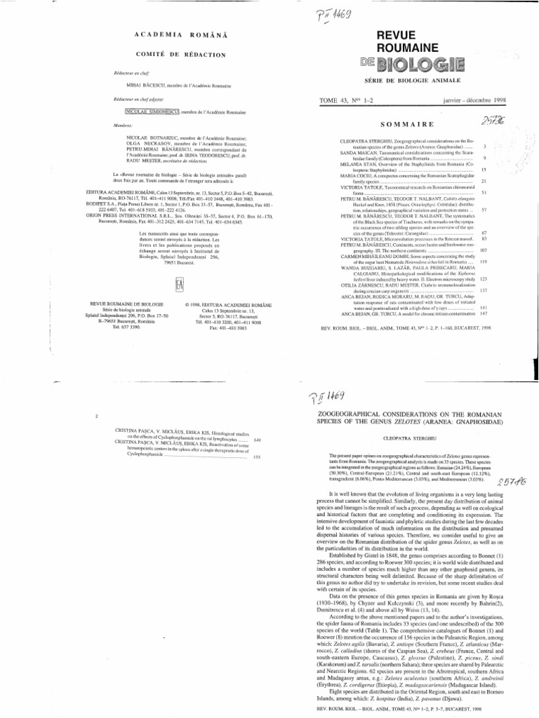 Rev. Roum. Biol. - Biol. Anim., 43, 1-2, 1998 | PDF