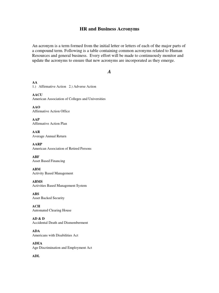 HR and Business Acronyms Guide | PDF | Finance & Money Management