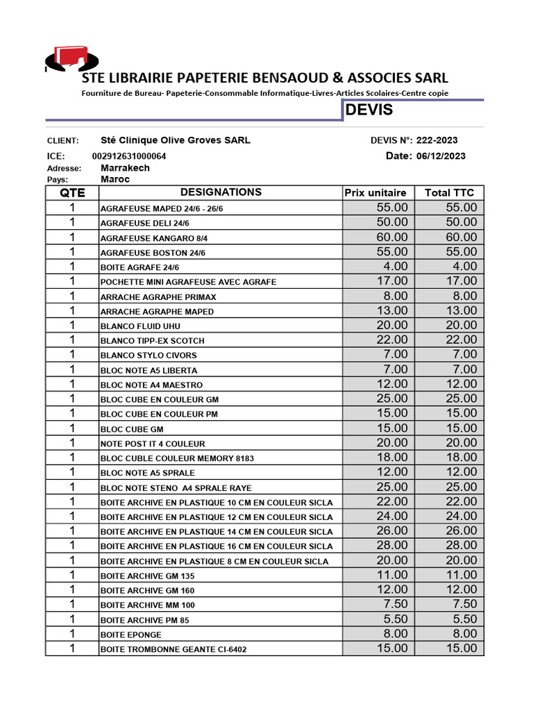 Devis Fournitures de Bureau SICOPA | PDF