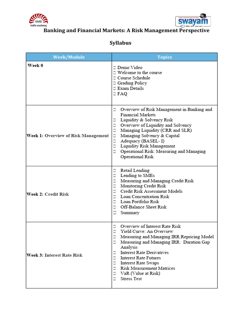 Banking and Financial Markets - A Risk Management Perspective Syllabus ...