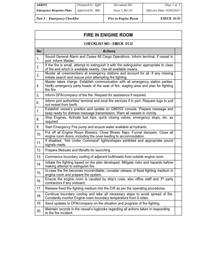 Engine Room Fire Emergency Checklist | PDF | Firefighting | Fires