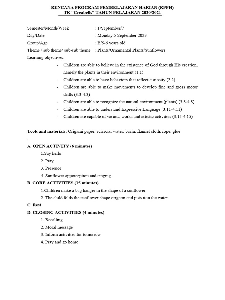 Lesson Plan Sample Theme - Plants/ Sunflower | PDF | Foreign Language ...