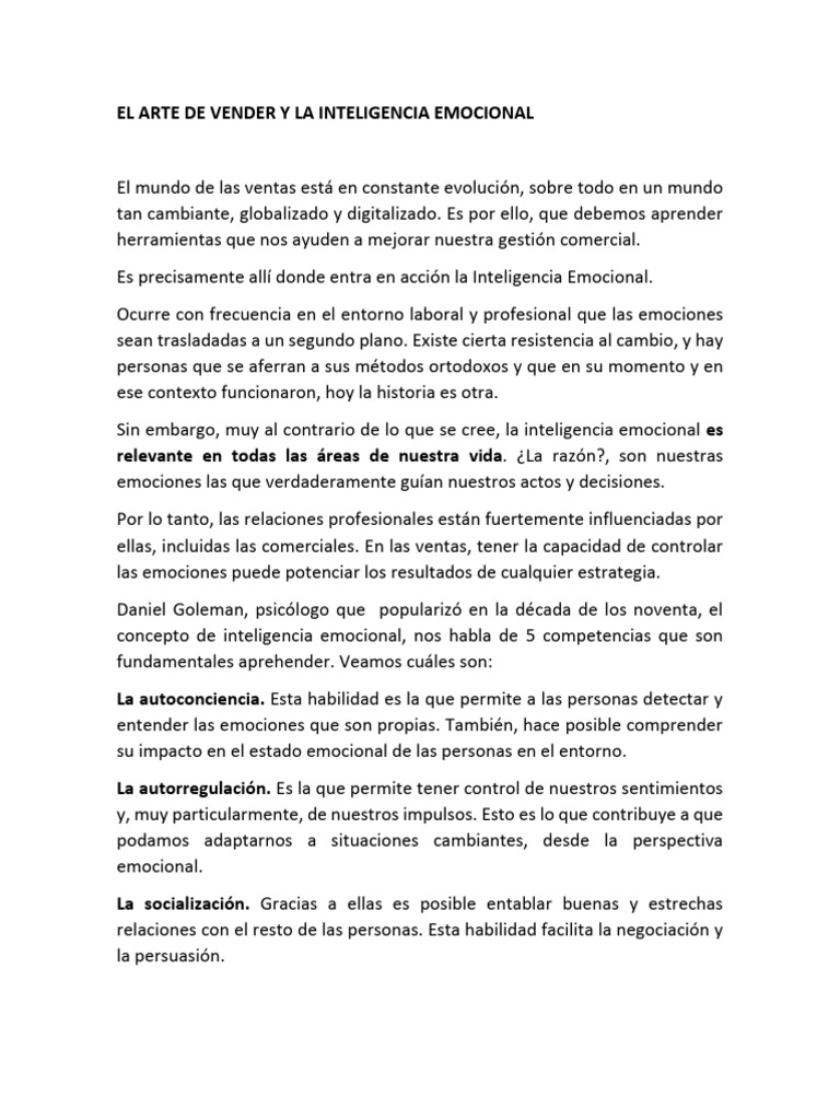 El Arte De Vender Y La Inteligencia Emocional Pdf Inteligencia
