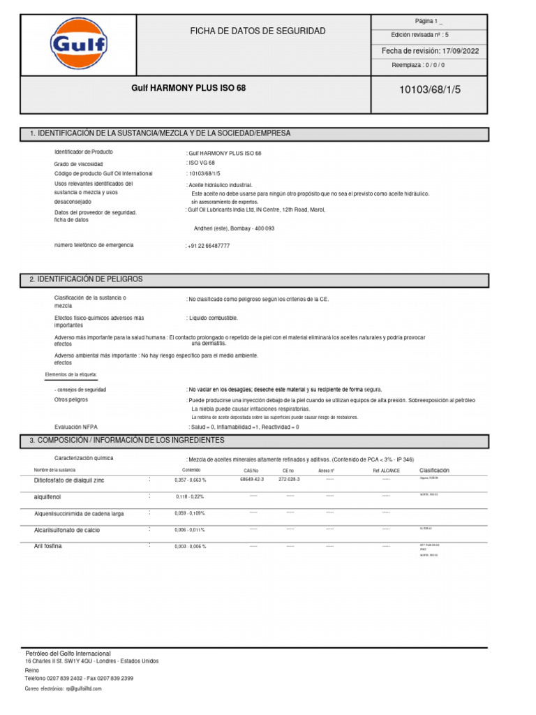 MSDS Gulf HARMONY AW PLUS ISO 68 Actualizada Descargar gratis PDF
