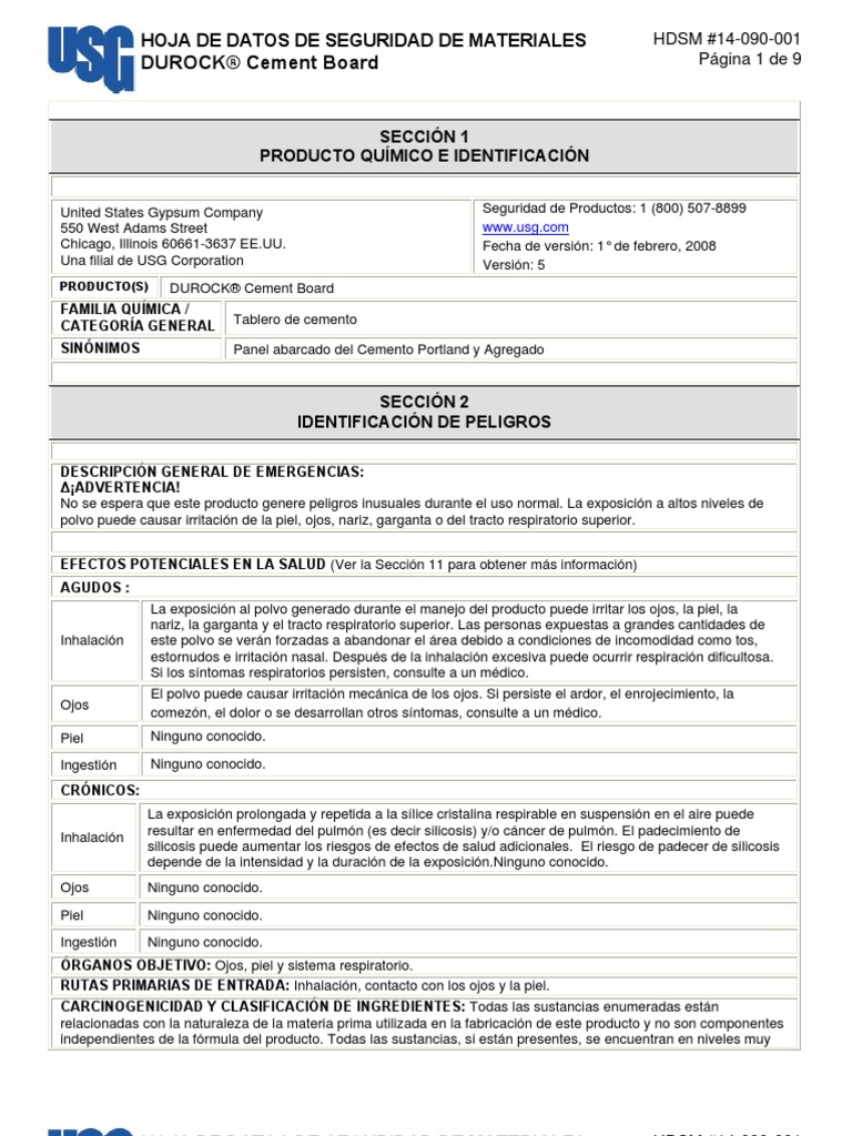 Durock Cement Board Msds Es 14090001 Seguridad y salud ocupacional