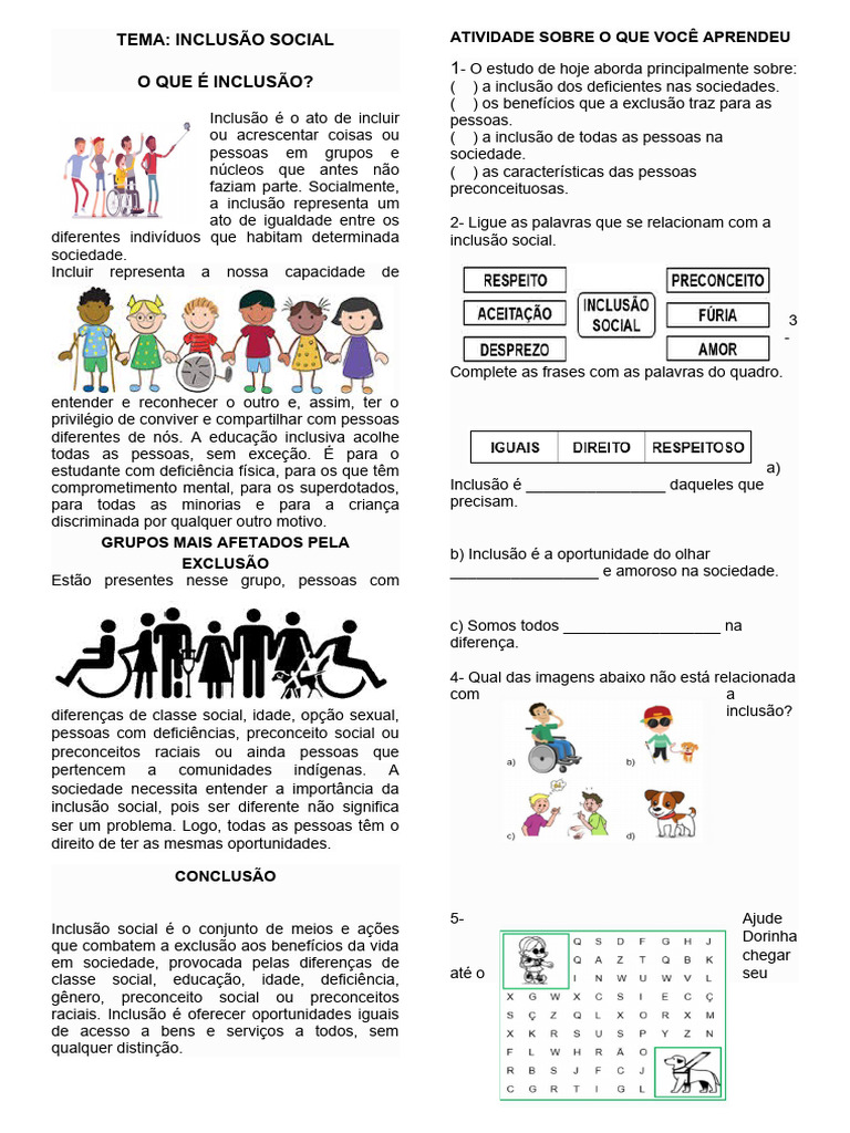 Atividades sobre Inclusão Social | PDF | Exclusão social | Sociologia