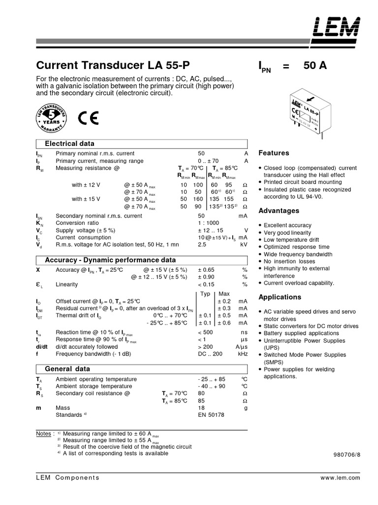 Capteurs de Courant - LM LA55-P | PDF | Power Supply | Electronic ...