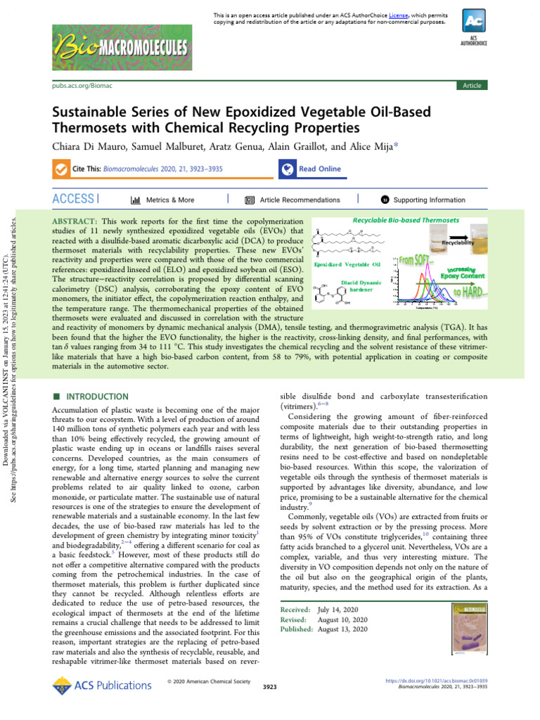 Sustainable Series of New Epoxidized Vegetable OilBased PDF Epoxy Fatty Acid