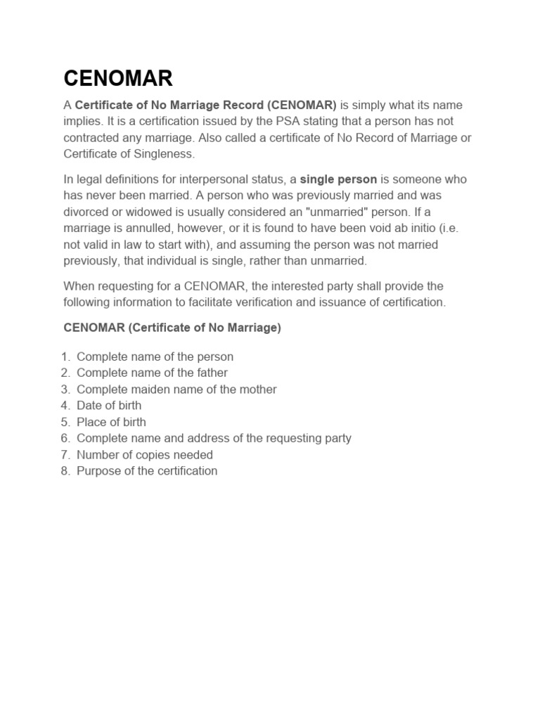 CENOMAR: Certificate of No Marriage | PDF