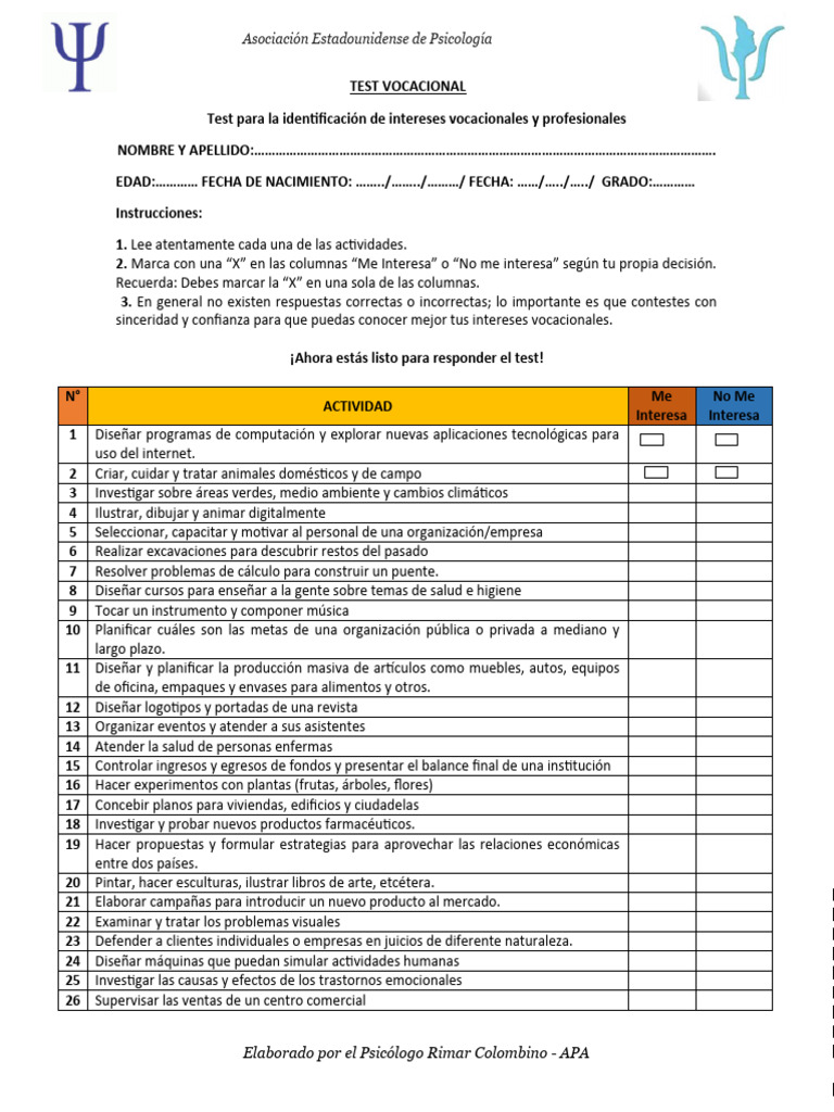 Test Vocacional | PDF | Ingeniería | Sicología