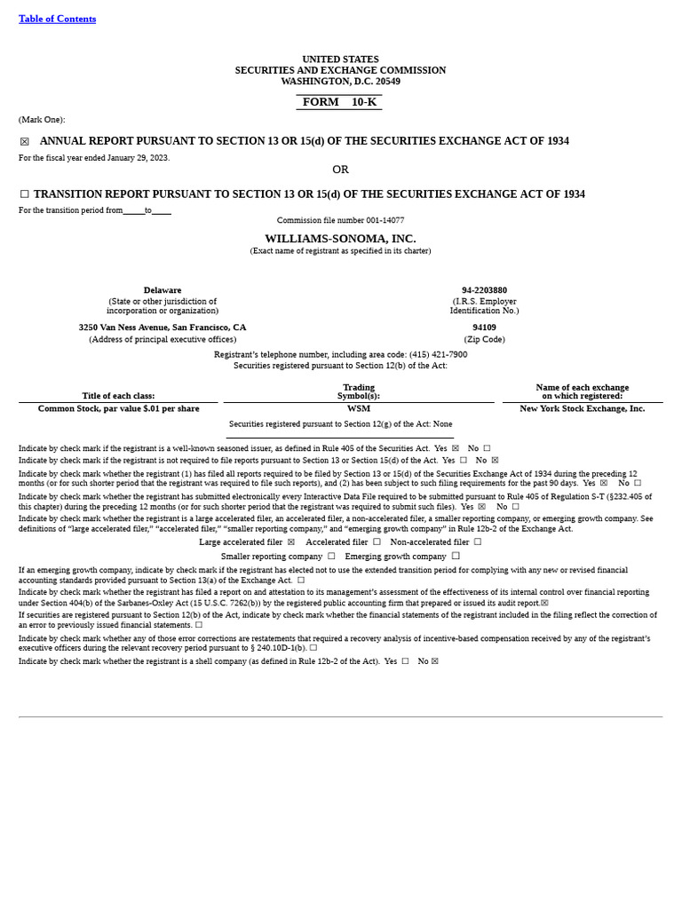 WSM (Williams-Sonoma Inc. (De) ) | PDF | Form 10 K | Retail