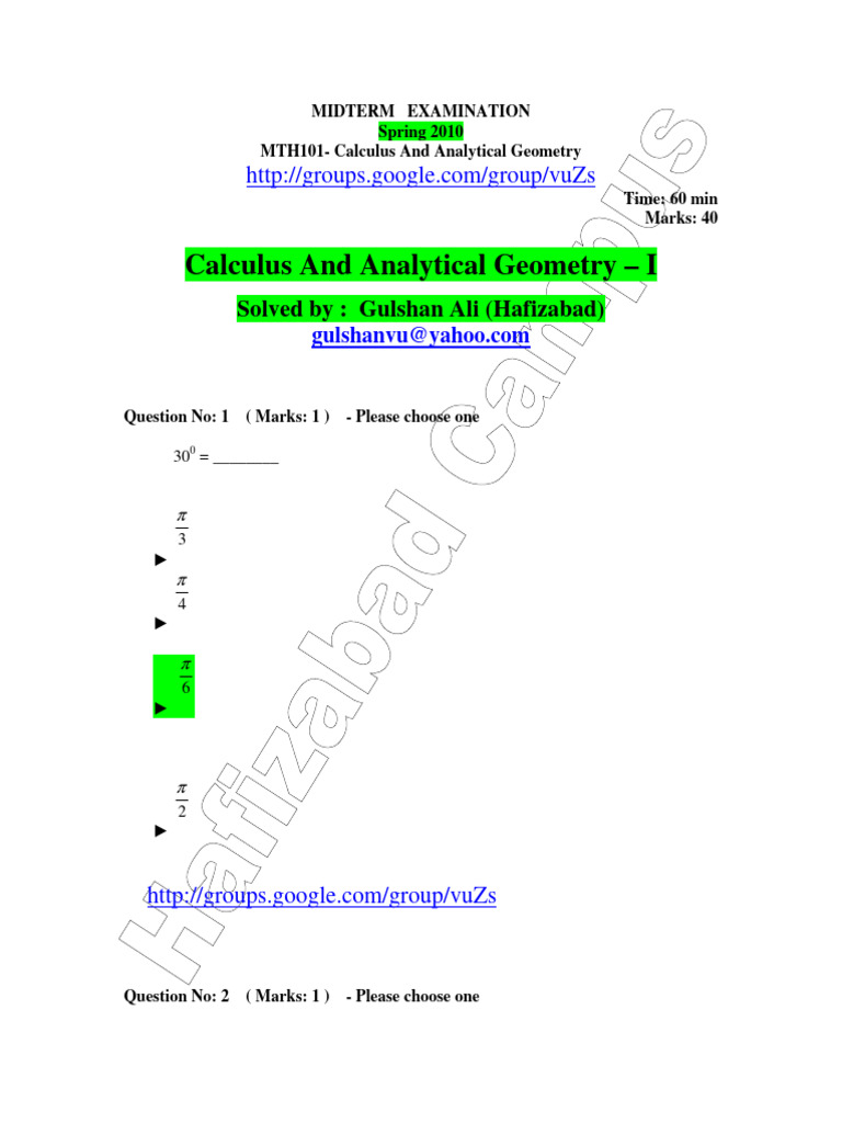 MTH101 Midterm Solved MCQs Shared by Gulshin Ali | PDF | Pi | Function ...