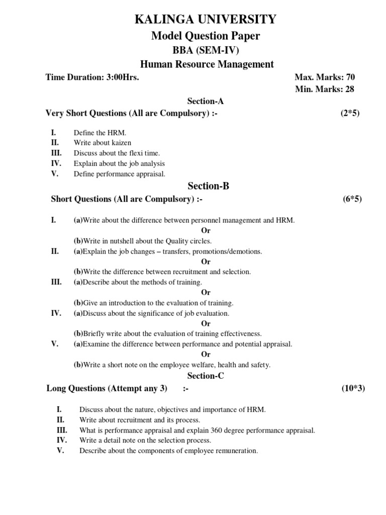 BBA HRM Model Question Paper - Kalinga University | PDF | Career & Growth