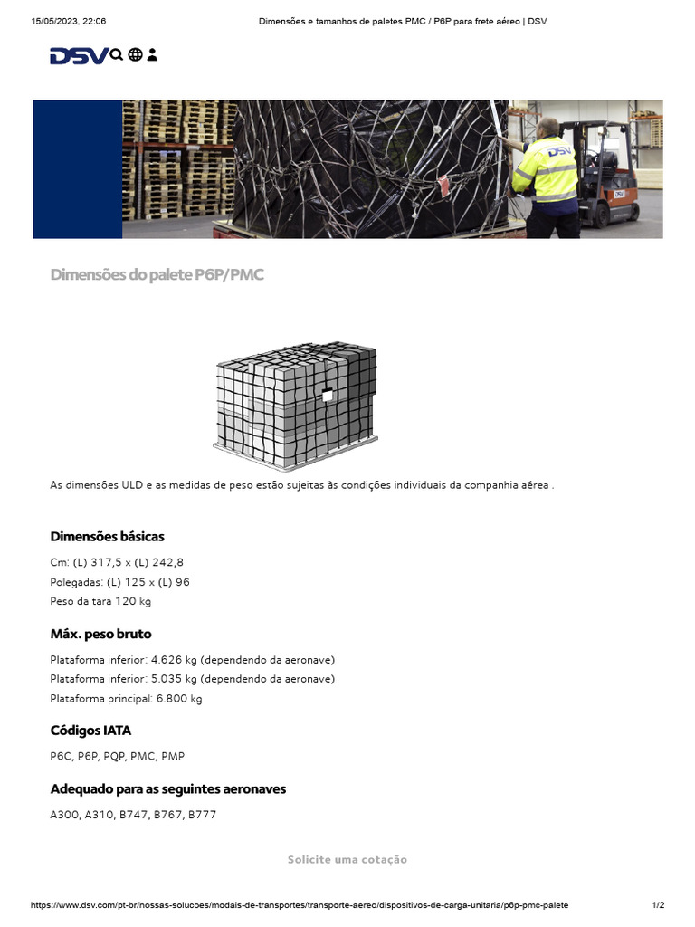 Dimensões e Tamanhos de Paletes PMC P6P para Frete Aéreo DSV PDF