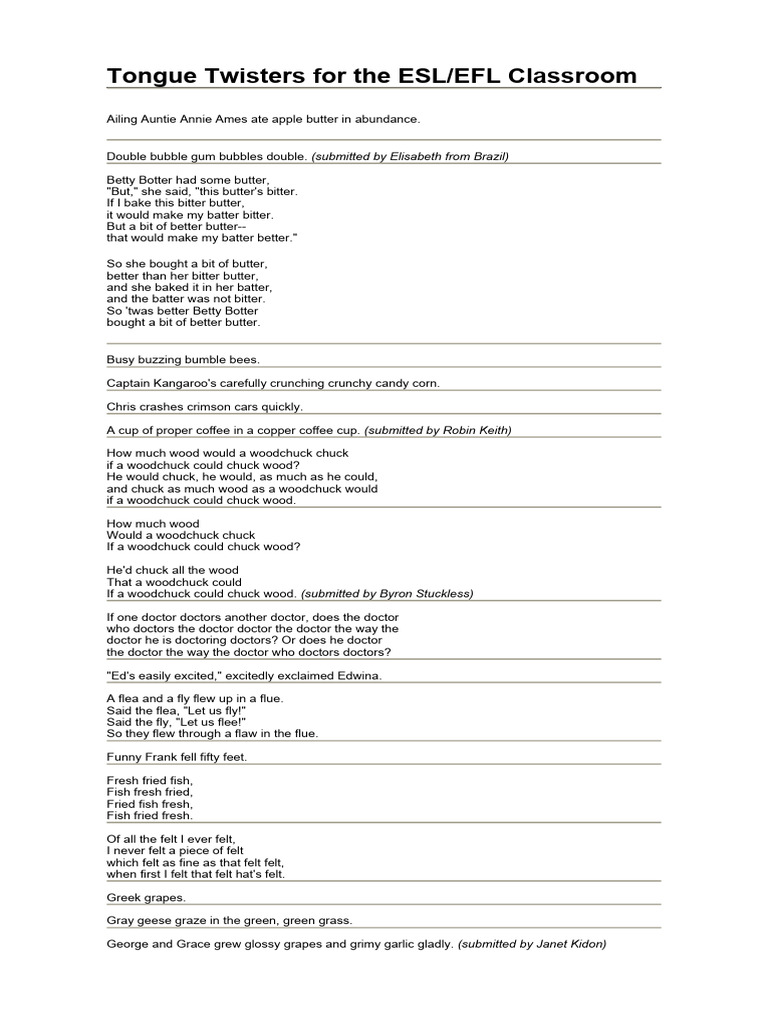 Tongue Twisters For The Esl Pdf
